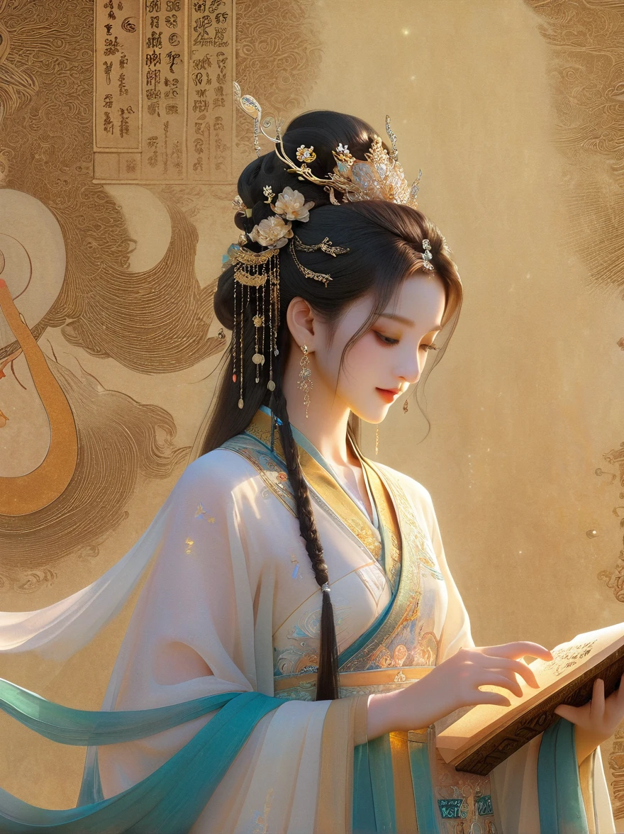 Dunhuang art style, Extremely long-distance lens, A beautiful girl, Perfect face, Pretty Face, Wearing traditional silk dress, Standing on an ancient soft scroll with golden ancient texts, Zen style, Bright Star, Light and Shadow, Ancient White, epic, Extremely delicate brushstrokes, Reality, Photographed by DJI, illustration, 3D Rendering, UHD, masterpiece, accurate, anatomically correct, textured skin, super detail, 8k