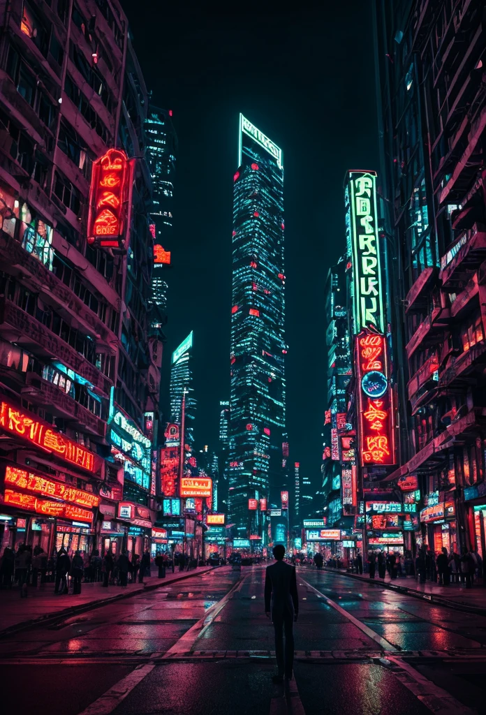 beautiful detailed model standing in night city street, towering skyscrapers, glowing neon lights, cyberpunk, hyper realistic, 4k, high quality, masterpiece, photography, cinematic lighting, muted color palette, moody atmosphere