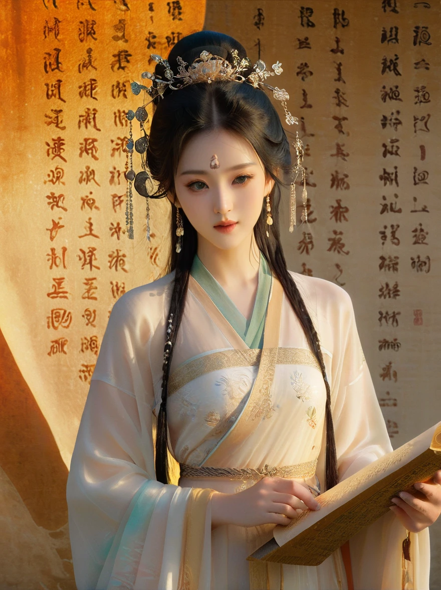 Dunhuang art style, Extremely long-distance lens, A beautiful girl, Perfect face, Pretty Face, Wearing traditional silk dress, Standing on an ancient soft scroll with golden ancient texts, Zen style, Bright Star, Light and Shadow, Ancient White, epic, Extremely delicate brushstrokes, Reality, Photographed by DJI, illustration, 3D Rendering, UHD, masterpiece, accurate, anatomically correct, textured skin, super detail, 8k