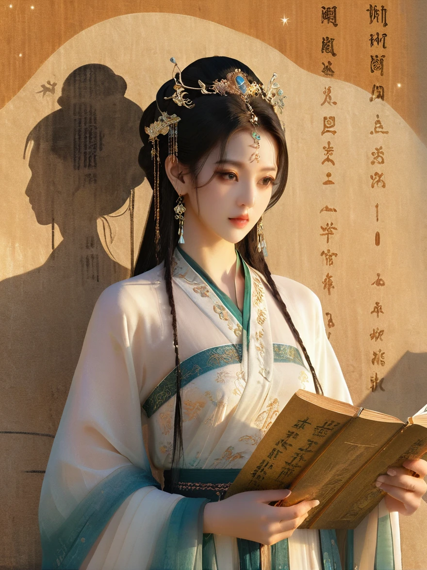 Dunhuang art style, Extremely long-distance lens, A beautiful girl, Perfect face, Pretty Face, Wearing traditional silk dress, Standing on an ancient soft scroll with golden ancient texts, Zen style, Bright Star, Light and Shadow, Ancient White, epic, Extremely delicate brushstrokes, Reality, Photographed by DJI, illustration, 3D Rendering, UHD, masterpiece, accurate, anatomically correct, textured skin, super detail, 8k