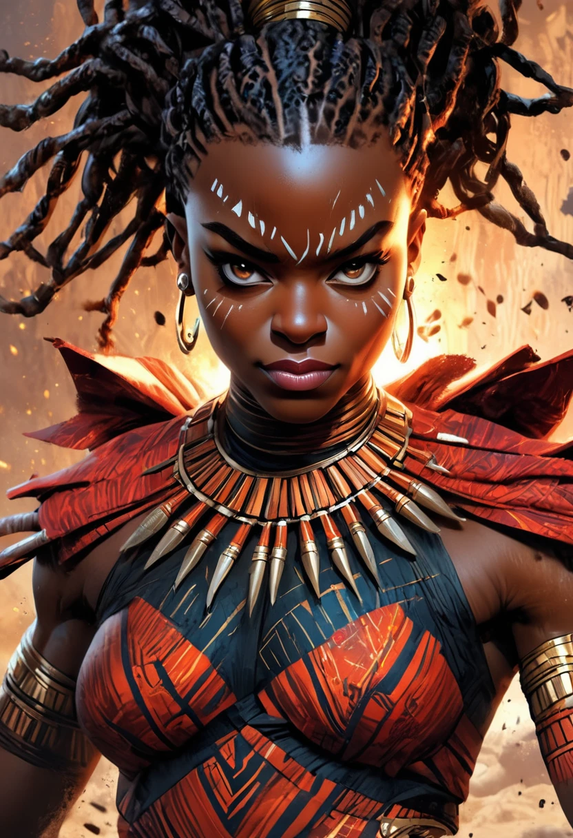 Danai Gurira dans le rôle d&#39;Okoye dans le film Black Panther Wakanda Forever, illustration cinématographique hautement détaillée, contour noir, illustration couleur complète, Couleurs vives, fond blanc, dans le style de Boris Vallejo & Julie Bell, chef-d&#39;œuvre, 8k, ultra-détaillé, rendu physique, Couleurs vives, Éclairage dramatique, arrière-plan complexe, Photoréaliste