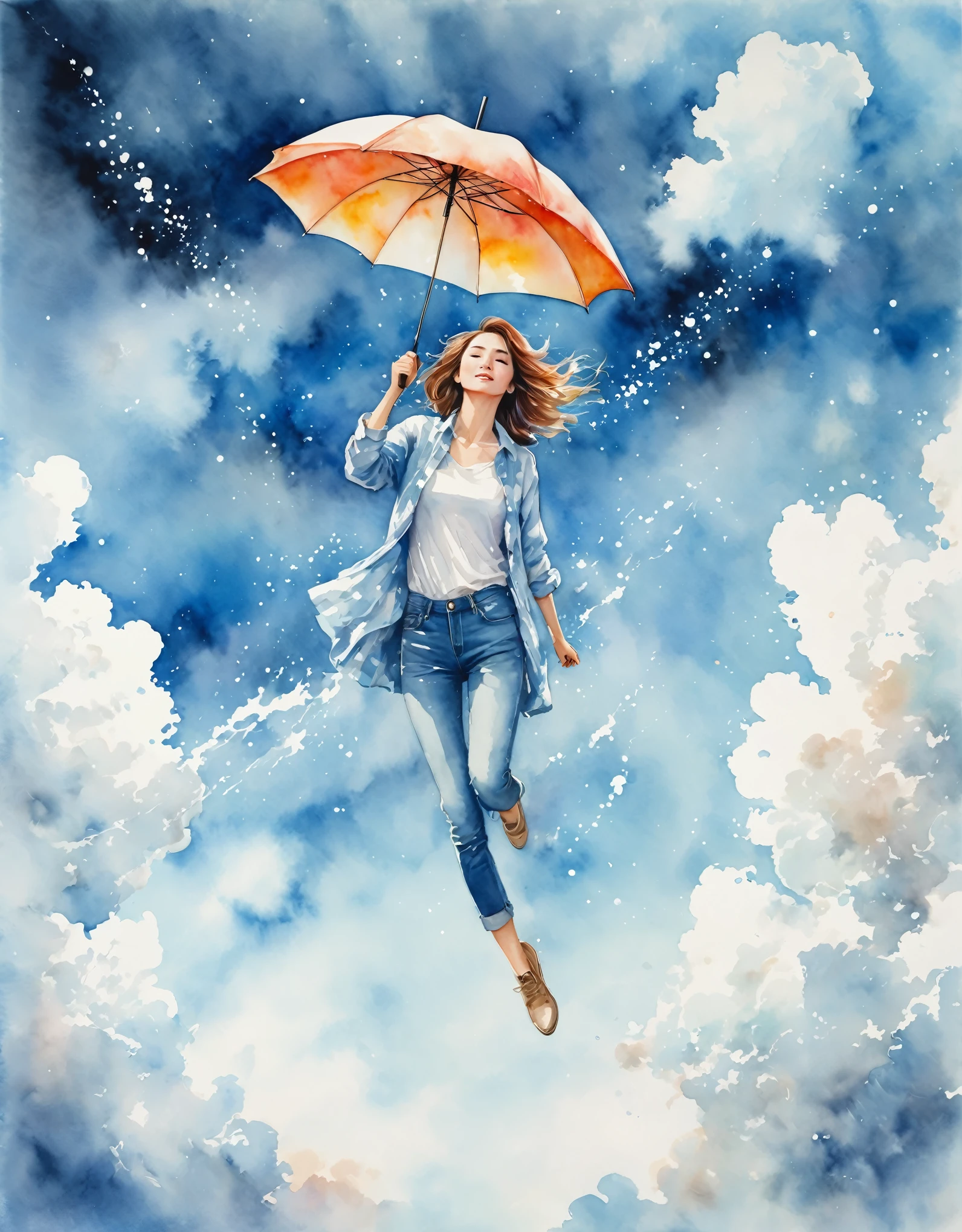 A woman with medium hair holding an umbrella, she is wearing a shirt and jeans, 8K watercolor painting, blue sky and white clouds, the woman is floating in the middle of the sky, particles of light are dancing , watercolor painting, watery