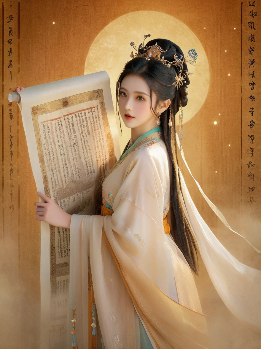 Dunhuang art style, Extremely long-distance lens, A beautiful girl, Perfect face, Pretty Face, Wearing traditional silk dress, Standing on an ancient soft scroll with golden ancient texts, Zen style, Bright Star, Light and Shadow, Ancient White, epic, Extremely delicate brushstrokes, Reality, Photographed by DJI, illustration, UHD, masterpiece, accurate, anatomically correct, textured skin, super detail, 8k