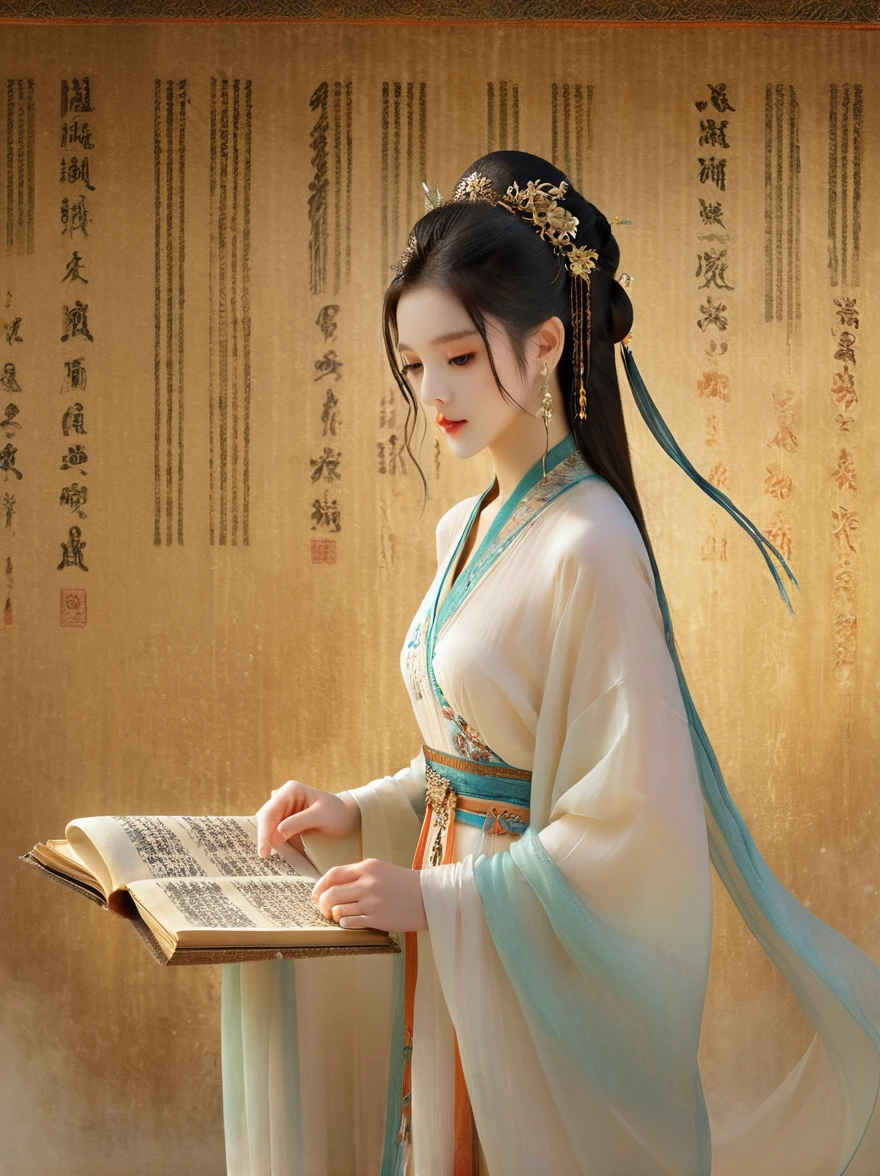 Dunhuang art style, Extremely long-distance lens, A beautiful girl, Perfect face, Pretty Face, Wearing traditional silk dress, Standing on an ancient soft scroll with golden ancient texts, Zen style, Bright Star, Light and Shadow, Ancient White, epic, Extremely delicate brushstrokes, Reality, Photographed by DJI, illustration, UHD, masterpiece, accurate, anatomically correct, textured skin, super detail, 8k