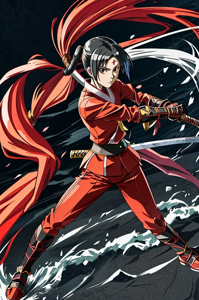 An anime character wearing red clothes and holding a katana, Maya Faye from Ace Attorney, Katana Zero video game characters, kunoichi, Anime Fencer, Attack pose, Natalie in an epic battle fantasy, Dramatic sword poses, JRPG Characters, Pubic Pose, Fox warrior with a naginata, Black-haired wizard, Also