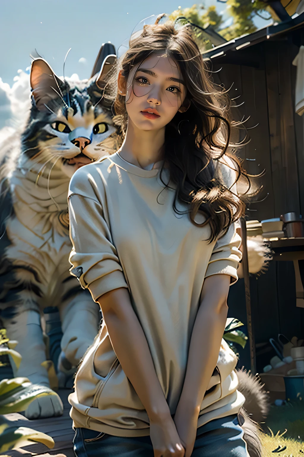 Photorealistic,Realistic,Photography,masutepiece,Best Quality,Ultra-detailed,the Extremely Detailed CG Unity 8K Wallpapers,1girl wear bikini,gigantic cat,Oversized cat,Outdoors,on grassland,