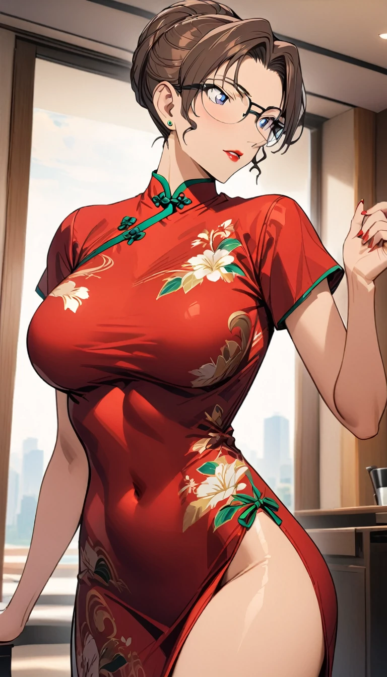 Wearing a red gaudy cheongsam with red lipstick, a beautiful  mature woman with brown hair, （solo：1.2），perfect body, with glasses，（highest quality，masterpiece：1.4）