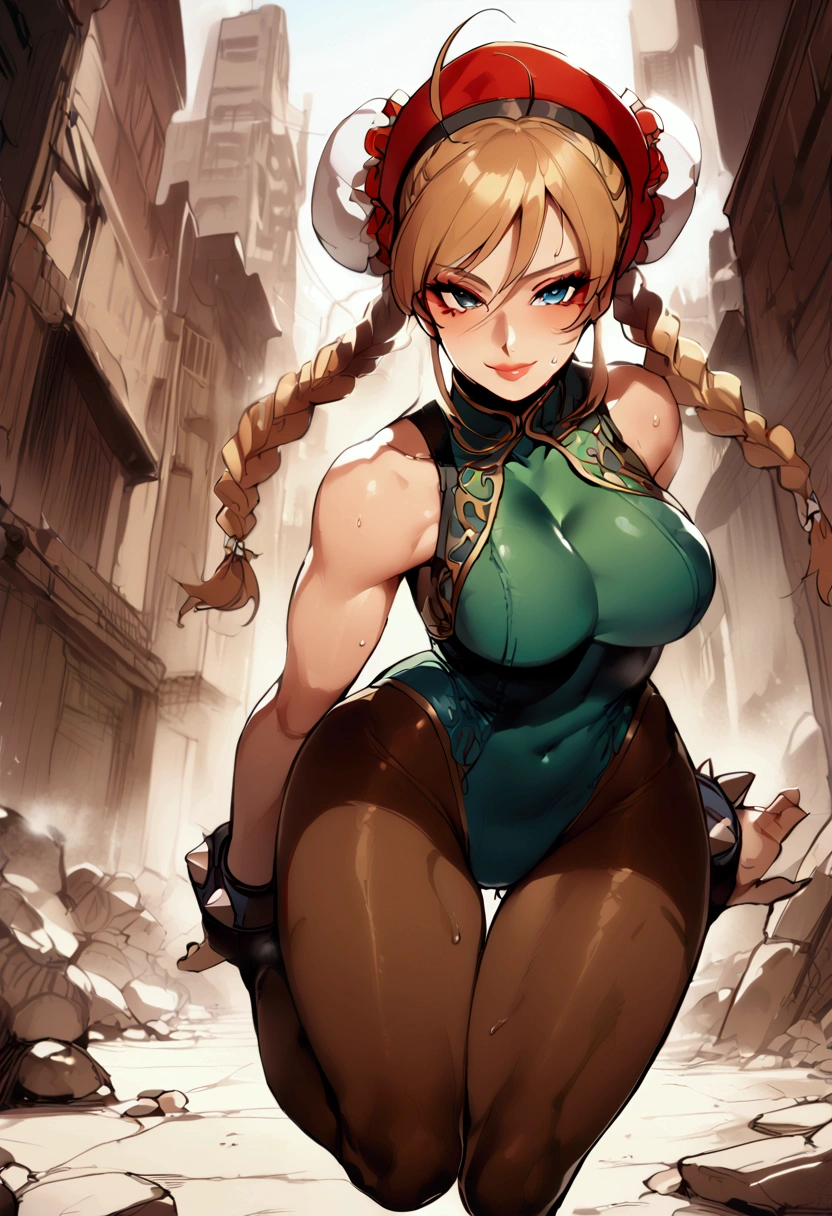 masterpiece,best quality,extreme detail,8k,cammyfn, 1girl, solo, long hair, breasts, blue eyes,brown blonde hair, large breasts, gloves, red hat, braid, ahoge, twin braids, leotard, lips, makeup, beret, scar, antenna hair, nose, harness, huge ahoge, green leotard ,sleeveless, sweaty,sweat, exhausted,sleeveless,cross eye, full body , 1girl, (solo:1.2), (jumping:1.3), (mid air:1.3), (cowboy shot:1.5), smile, happy, (masterpiece:1.3), (best quality:1.3), (perfect anatomy:1.4), highly detailed, chun li, brown eyes, short hair, double bun, bun cover, , pelvic curtain, spiked bracelet, sash, brown pantyhose, (post fight scenery:1.3), rubble, outside, daylight, nyantcha, expressive faces, anime-inspired, (cell shading:1.2), lips, merging
