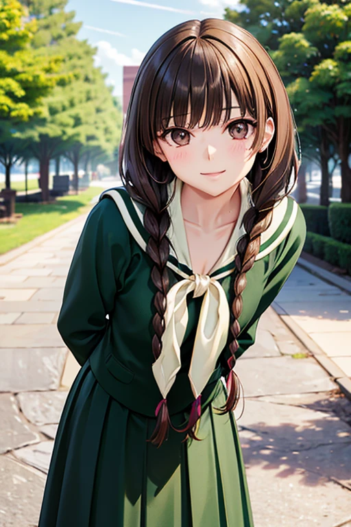 Yuno Shimazu、Shiny brown hair,  ((Long Hair, Twin Blade:1.5, Hair that falls over the shoulders)),Beautiful brown eyes、Sparkling eyes, Fine grain、smile、Ultra-detailed eyes、Highly detailed face, Highly detailed eyes,



 school uniform, Sailor collar, neckerchief, Green Shirt, Sailor shirt, Long sleeve, Green Skirt, Long skirt, 
 
 masterpiece, Highest quality, High resolution, Leaning forward, Put your arms behind your back, Outdoor, The tree in the schoolyard、Cowboy Shot, Are standing



