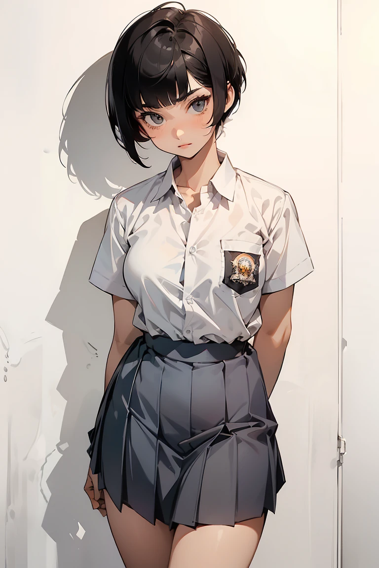 1 woman, , ((buzz pixie haircut)), black eyes, Indonesian high-school uniform, white shirt, osis logo on shirt pocket, medium breasts, grey pleated skirt, half-shot, innocent look