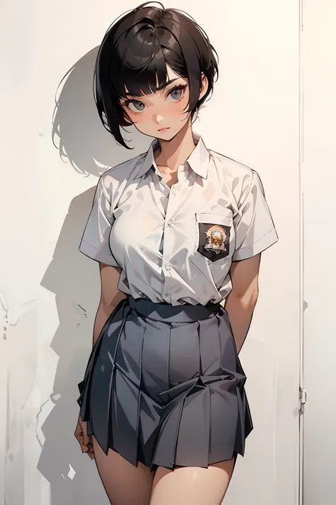 1 woman, , ((buzz pixie haircut)), black eyes, indonesian high-school uniform, white shirt, osis logo on shirt pocket, medium br...