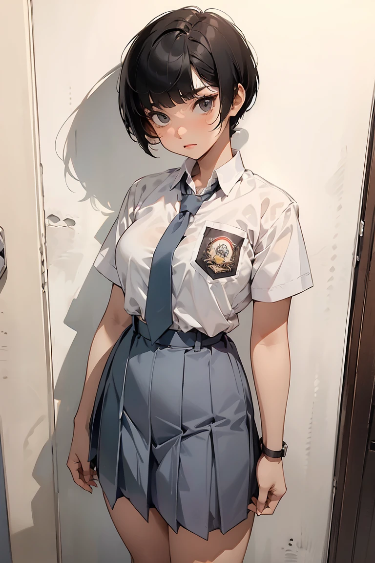 1 woman, , ((buzz pixie haircut)), black eyes, Indonesian high-school uniform, white shirt, osis logo on shirt pocket, medium breasts, grey pleated skirt, half-shot, innocent look