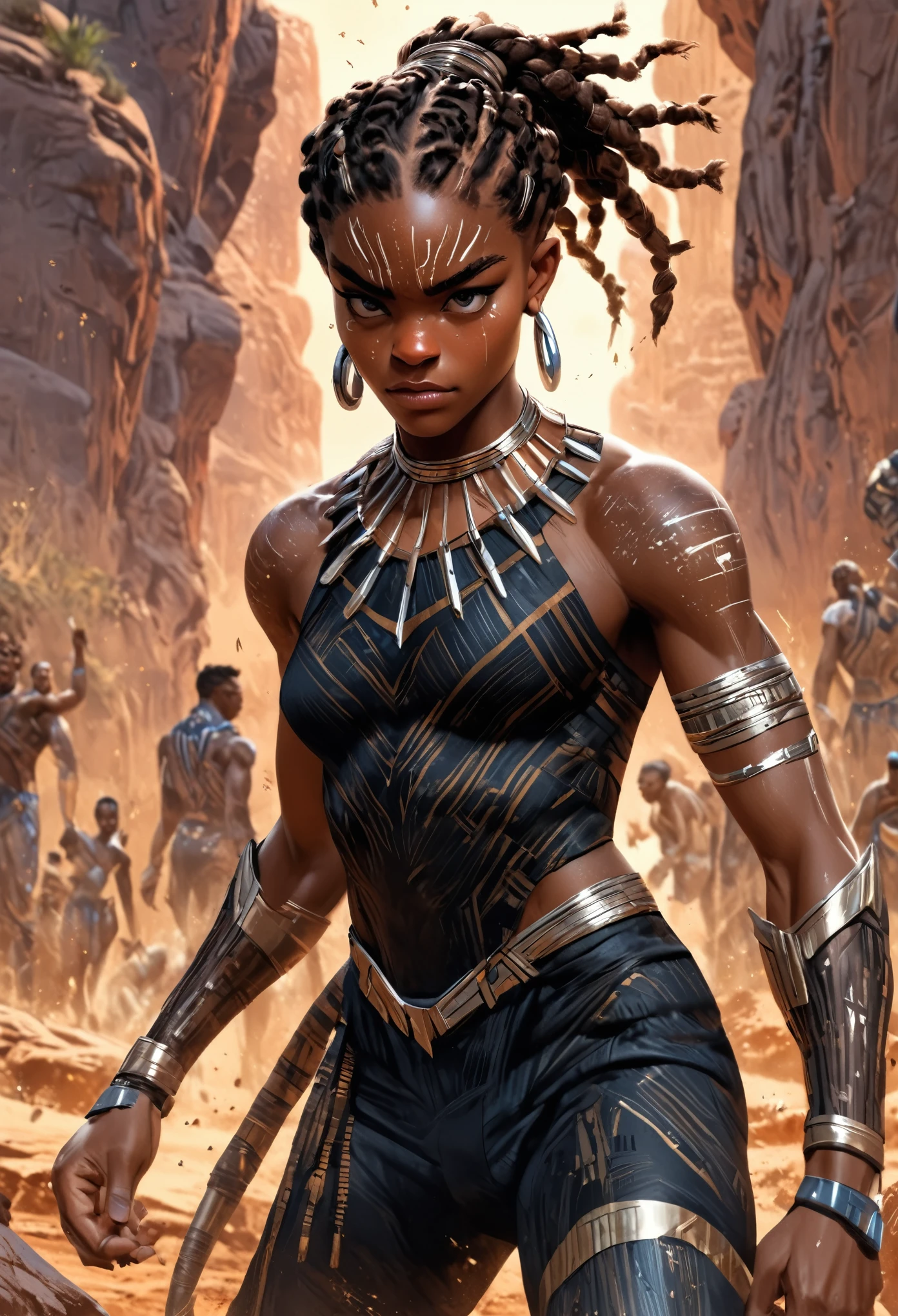 Letitia Wright as Shuri from the movie Black Panther Wakanda Forever, sci-fi boots, full body shot, highly detailed cinematic illustration, black outlining, full color illustration, vivid colors, white background, in the style of Boris Vallejo & Julie Bell, masterpiece, 8k, ultra-detailed, physically-based rendering, vivid colors, dramatic lighting, intricate background, photorealistic