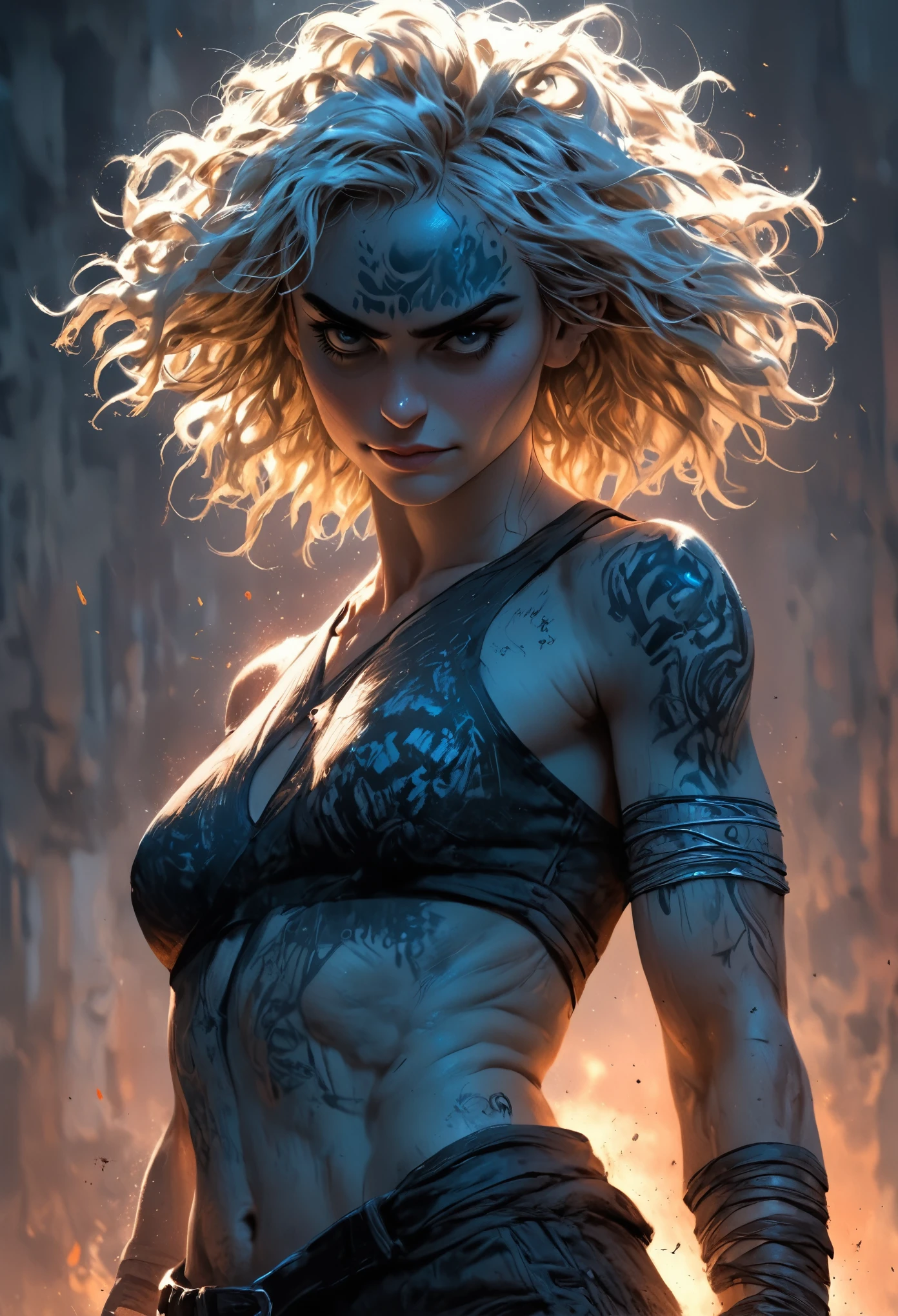 Tuppence Middleton as Riley "Blue" Gunnarsdóttir from the TV series Sense8, barefooted, full body shot, highly detailed cinematic illustration, black outlining, full color illustration, vivid colors, white background, in the style of Boris Vallejo & Julie Bell, masterpiece, 8k, ultra-detailed, physically-based rendering, vivid colors, dramatic lighting, intricate background, photorealistic