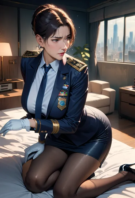 a mature woman police officer with navy blue uniform, buttons, tie, jacket, white gloves, stockings, pencil skirt, high heels, b...