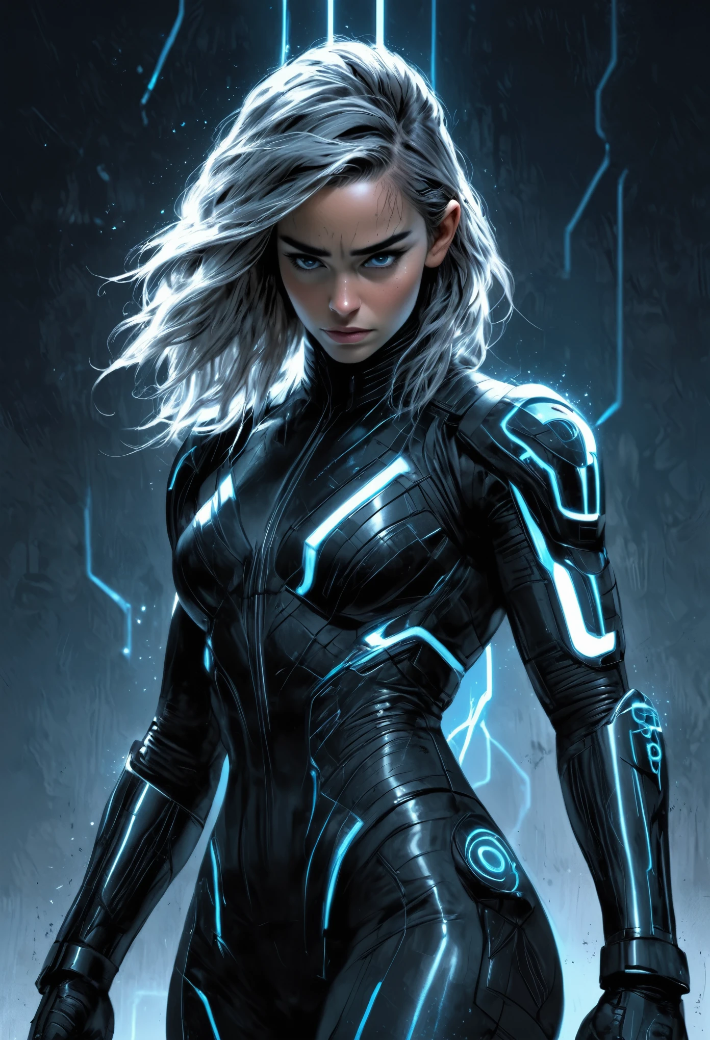 Emilia Clarke como Quorra de Tron: Legacy, Botas de ciencia ficción, tiro de cuerpo completo, Ilustración cinematográfica muy detallada, contorno negro, ilustración a todo color, brillantes colores, [fondo blanco, al estilo de Boris Vallejo & julia campana, obra maestra, 8K, ultra detallado, renderizado basado en física, brillantes colores, iluminación dramática, fondo intrincado, Fotorrealista