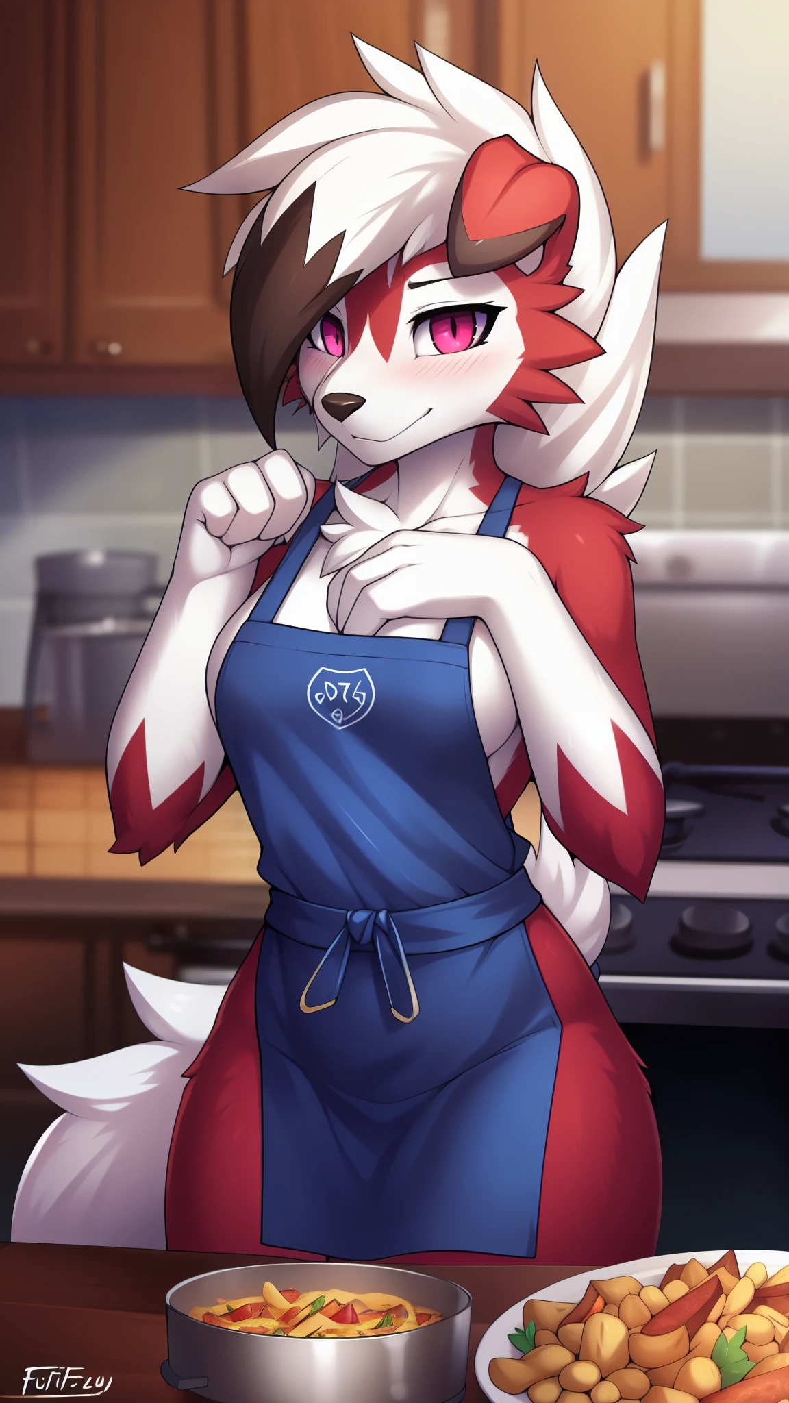 By zinfyu,by twistedscarlet60, uploaded on pixiv, by fluff-kevlar, (masterpiece), (best quality), (solo female:1.2), (extremely detailed:1.3),(detailed eye,black circle on eye,pink eye), lycanroc midnight, view on viewer, close view, shy face, half body on potrait, only body and head, close view, wearing cooking apron,in kitchen, serving many food, (tail:1.1), closeup photo of lycanroc, adult body posture