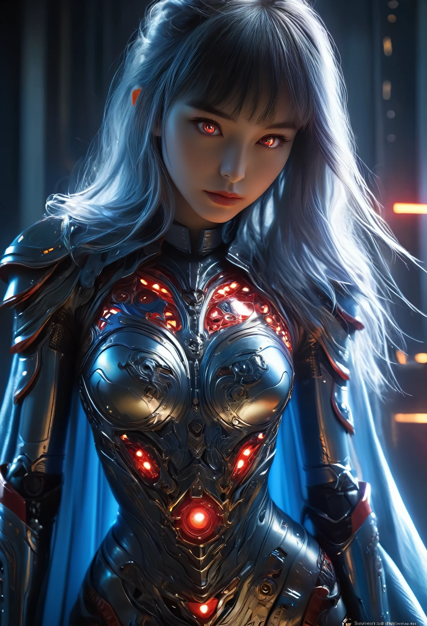 (Best Quality, 4K, 8K, High Resolution, Masterpiece: 1.2), (Super Detailed, Realistic, Photorealistic:1.37), A woman in futuristic clothing, Trending on cgstation, Trending on cgstation, (Portrait of a girl in the Knights of the Zodiac:1.4), blunt bangs, Cute Cyborg Girl, Perfect android girl, Portrait Astronaut Girl, Beautiful girl cyborg, (Girl wearing iridescent red and blue mechanical cyber armor:1.3), Game CG, cgsociety and fenghua zhong, Beautiful Cyborg Shrine Maiden, Bioluminescence, (Yua Yaiba:0.5), (Golden eyes:1.5), Anatomically correct grip, (Sharp and long claws:1.4), erotic and sexy, black, wearing A gorgeous cape with beautifully detailed embroidery, (beautiful tits, beautiful breasts, beautiful nipples:1.5), (NSFW:1.5)