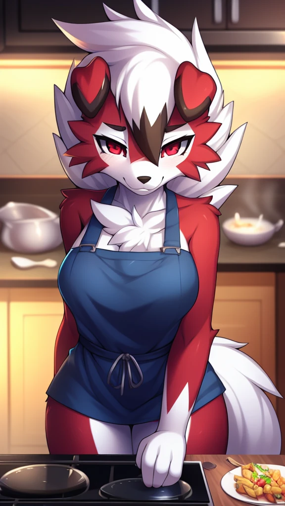 By zinfyu,by twistedscarlet60, uploaded on pixiv, by fluff-kevlar, (masterpiece), (best quality), (solo female:1.2), (extremely detailed:1.3),(detailed eye,black circle on eye,white red eye), lycanroc midnight, view on viewer, close view, shy face, half body on potrait, only body and head, close view, wearing cooking apron,in kitchen, serving many food, (tail:1.1), closeup photo of lycanroc, adult body posture