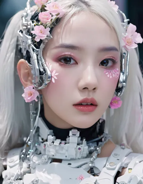 an extraordinarily detailed close-up portrait of an android-human hybrid k-pop idol, showcasing her striking skell cyberpunk app...