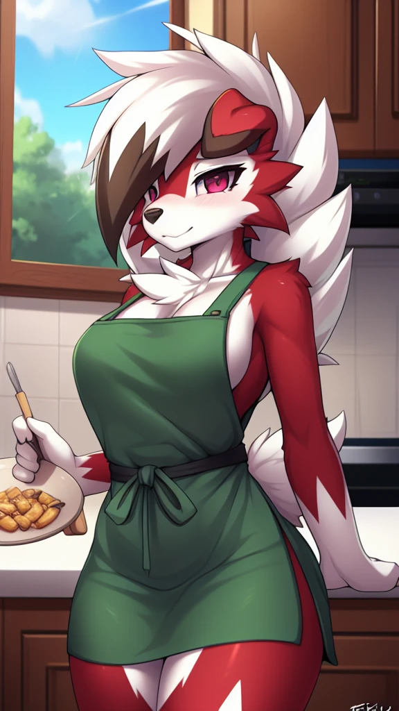 By zinfyu,by twistedscarlet60, uploaded on pixiv, by fluff-kevlar, (masterpiece), (best quality), (solo female:1.2), (extremely detailed:1.3),(detailed eye,black circle on eye,pink eye), lycanroc midnight, view on viewer, close view, shy face, half body on potrait, only body and head, close view, wearing cooking apron,in kitchen, serving many food, (tail:1.1), closeup photo of lycanroc, adult body posture