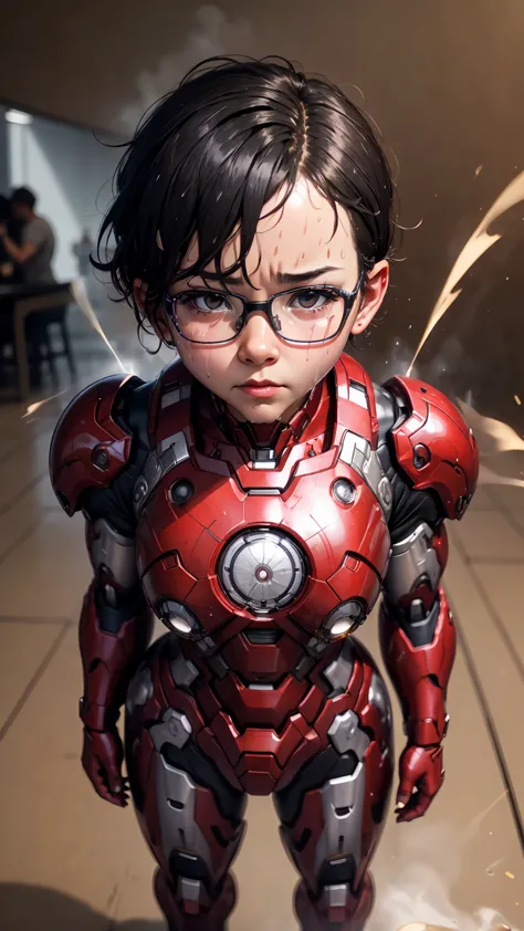 highest quality　8k red iron man suit girl　kindergarten　sweaty face　cute　short hair　boyish　steam coming out of my head　my hair is...