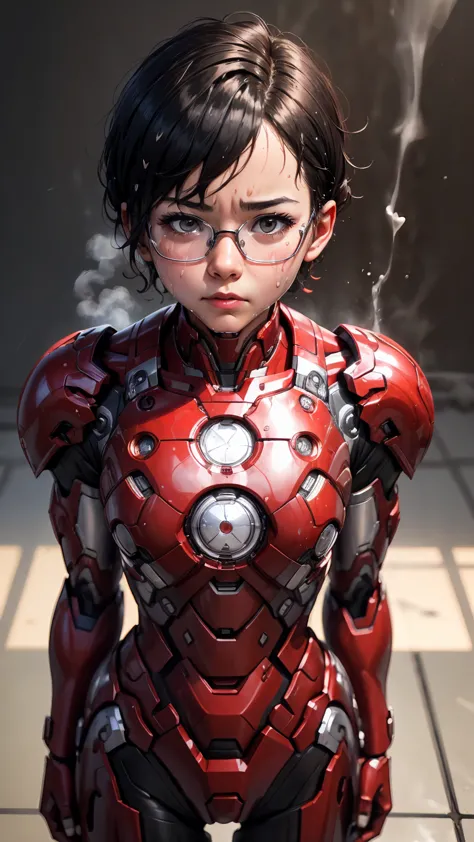 highest quality　8k red iron man suit girl　kindergarten　sweaty face　cute　short hair　boyish　steam coming out of my head　my hair is...