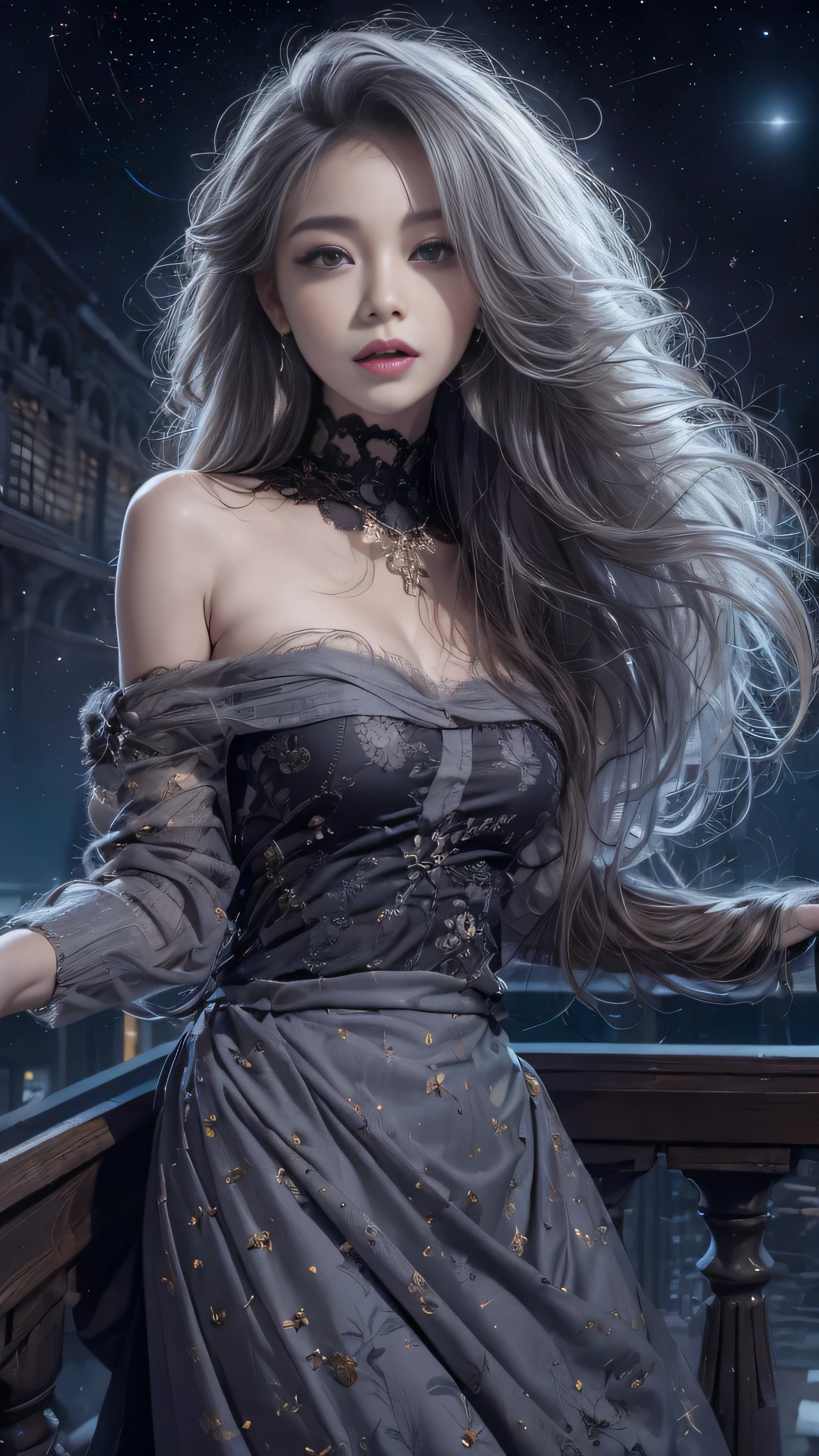 (Woman standing on balcony of palace)Portrait of, Realistic, High resolution, 1 female, alone, Upper Body, Beautiful Eyes, Close your lips, Detailed face, Gray Hair, Long Hair, (off shoulder black lace long dress) ,(There is a slit up to the waist.),Fur coat, stockings,(Star-filled night sky)