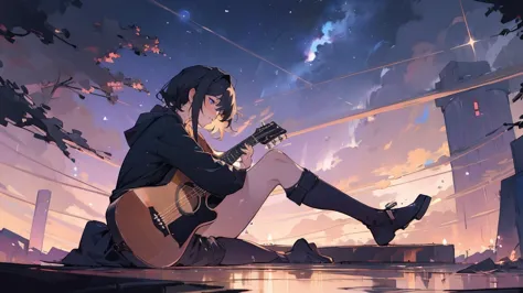 masterpiece,night,(dark alley),star、night evening sky、milky way、octone、
(1. female), (solo), knee hugging sitting，acousticguitar