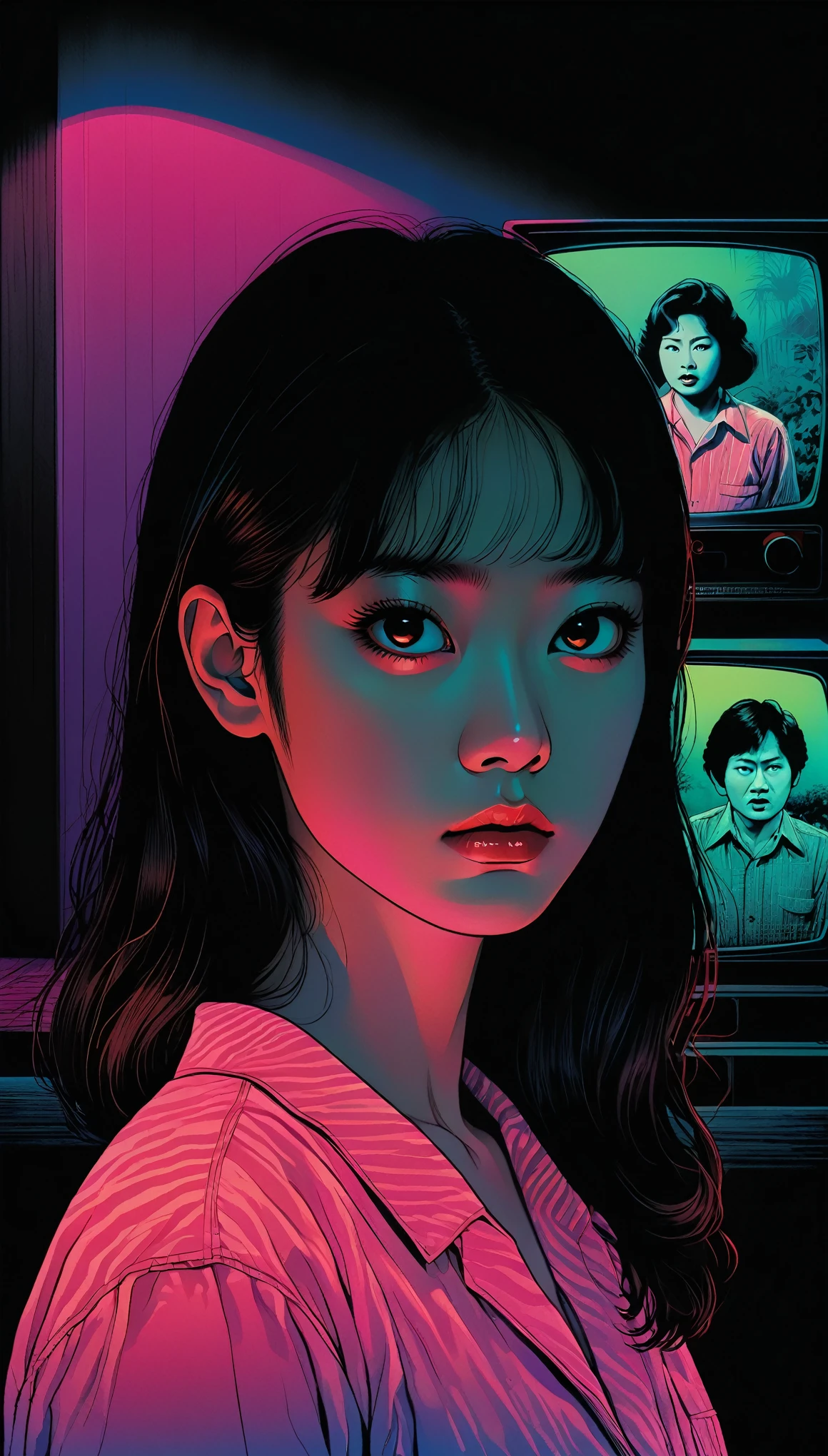 An illustration、art、80s Thai horror movie poster, Supervised by Junji Ito、(tv set:1.2)、night、Attention to detail, Realistic Shadows、Analog Style, chromatic aberration, Surrealism、Complementary Gradient