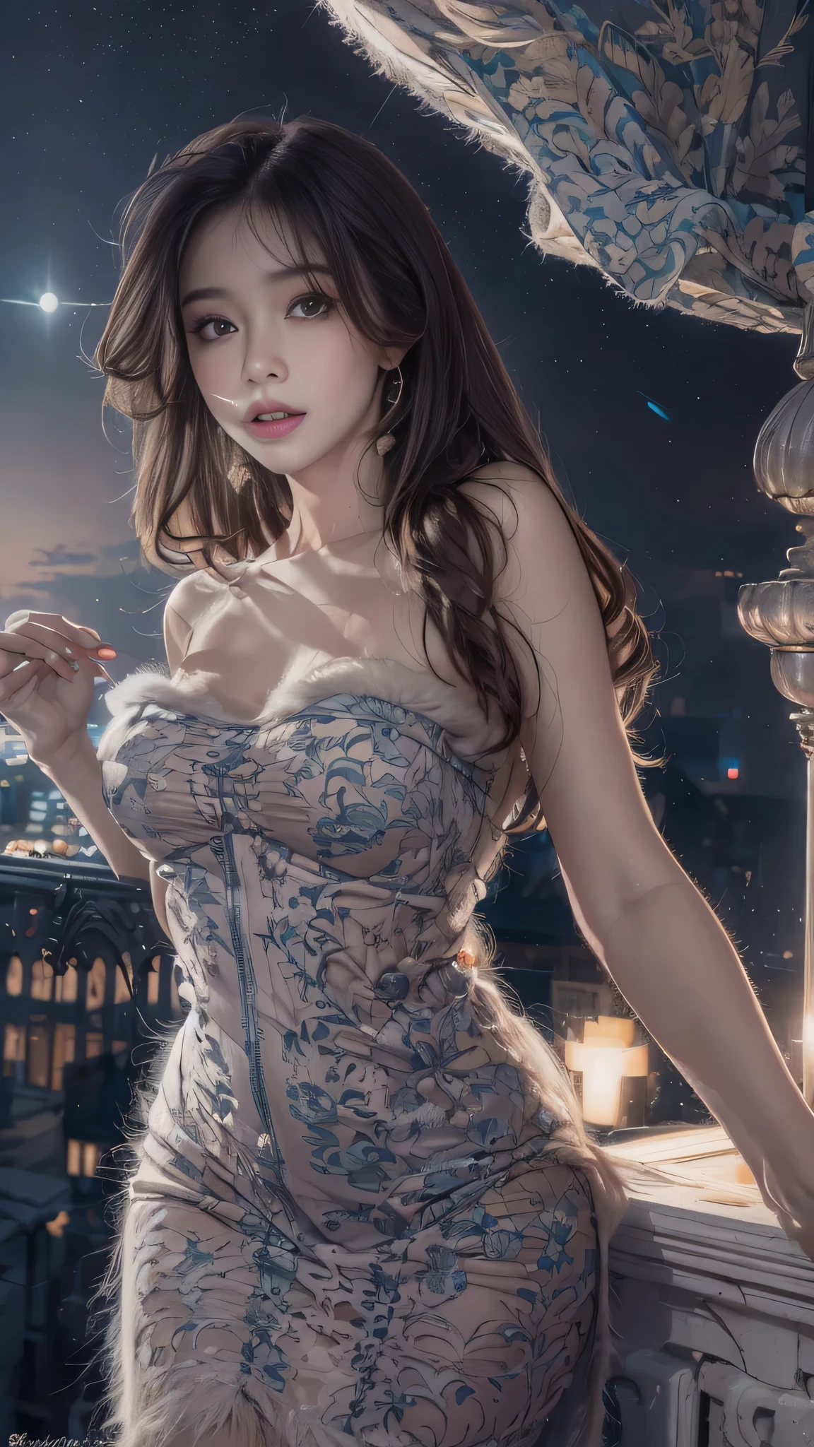 (Woman standing on balcony of palace)Portrait of, Realistic, High resolution, 1 female, alone, Upper Body, Beautiful Eyes, Close your lips, Detailed face, Gray Hair, Long Hair, (off shoulder black lace long dress) ,(There is a slit up to the waist.),Fur coat, stockings,(Star-filled night sky)