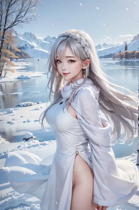 (the upper body:1.5).masterpiece、highest quality、1 girl, winter, platinum blonde hair, cute girl, smile, close mouse, medium bre...