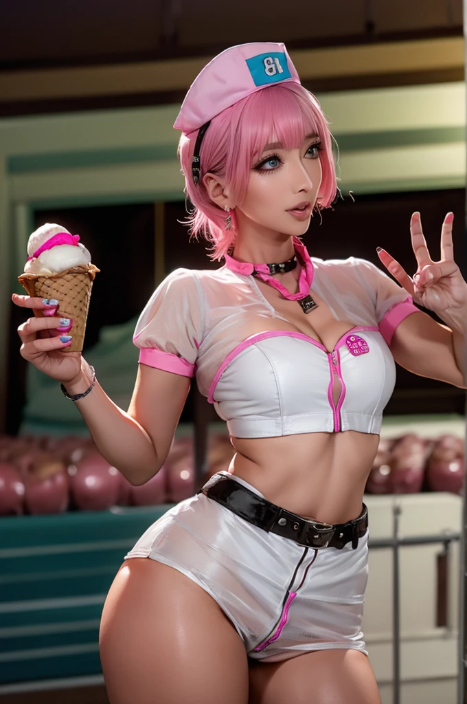 (Highest quality), Realistic, Beautiful Nurse,Gal,Hospital Bets,((Licking ice cream:1.2)),See-through costume,Nurse cap(short hair,Sharp bangs)Showing panties,(((Highest quality,Highest quality,8k images)))Pink Hair,High heels,