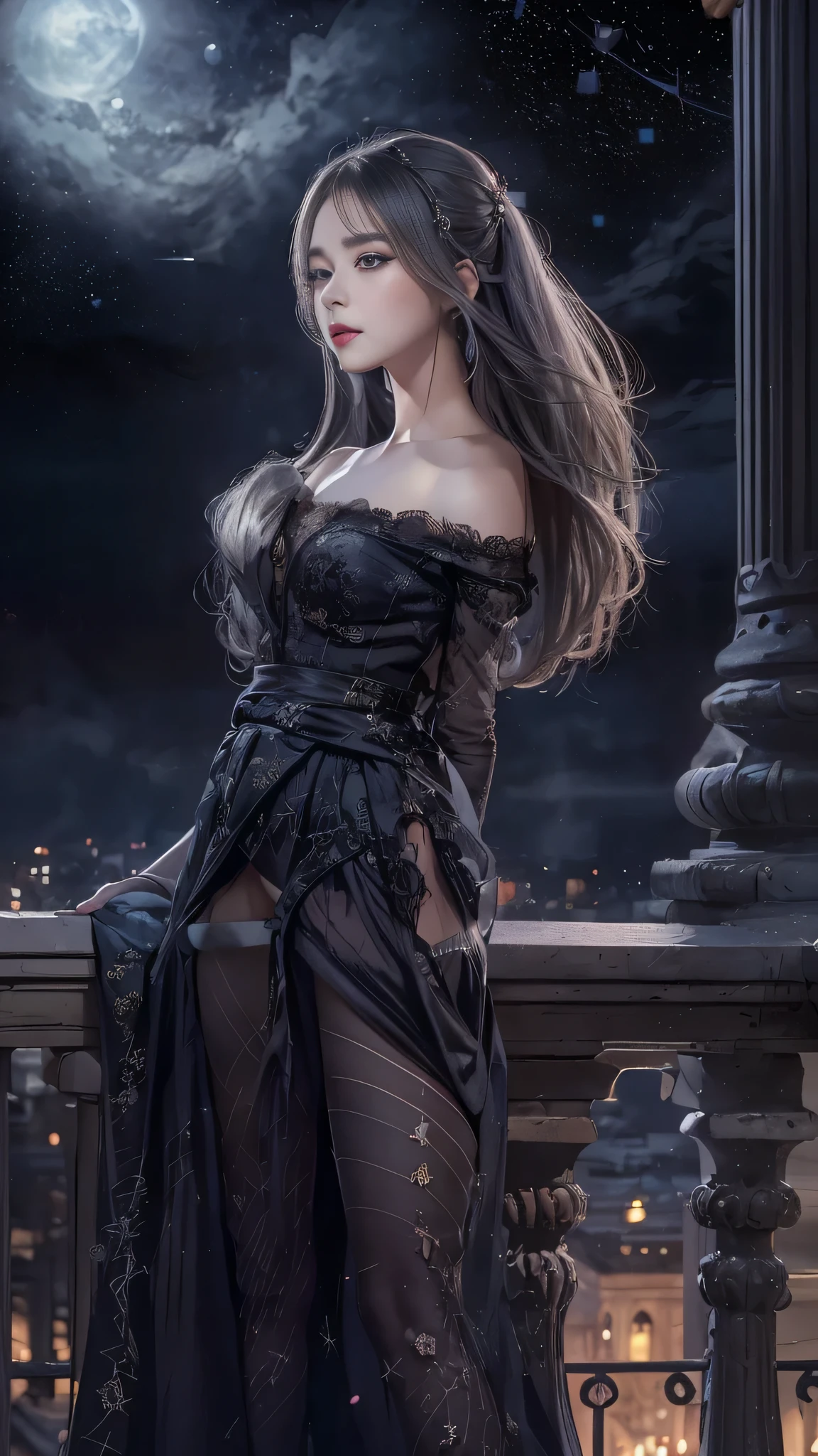 (Woman standing on balcony of palace)Portrait of, Realistic, High resolution, 1 female, alone, Beautiful Eyes, Close your lips, Detailed face, Gray Hair, Long Hair, (off shoulder black lace long dress) ,(There is a slit up to the waist.),Fur coat, stockings,(Star-filled night sky)、(The skirt is soaring)、(Black lace panties are visible),