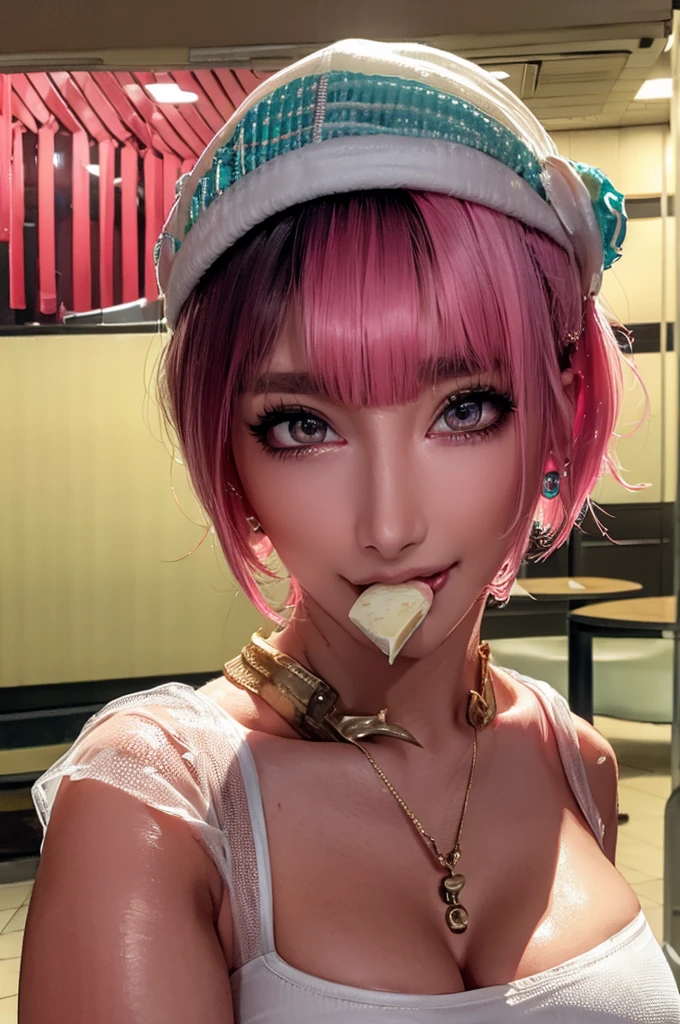 (Highest quality), Realistic, Beautiful Nurse,Gal,Hospital Bets,((Licking ice cream:1.2)),See-through costume,Nurse cap(short hair,Sharp bangs)Showing panties,(((Highest quality,Highest quality,8k images)))Pink Hair,High heels,