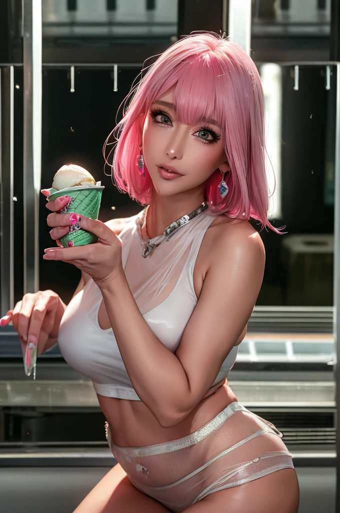 (Highest quality), Realistic, Beautiful Nurse,Gal,Hospital Bets,((Licking ice cream:1.2)),See-through costume,Nurse cap(short hair,Sharp bangs)Showing panties,(((Highest quality,Highest quality,8k images)))Pink Hair,High heels,