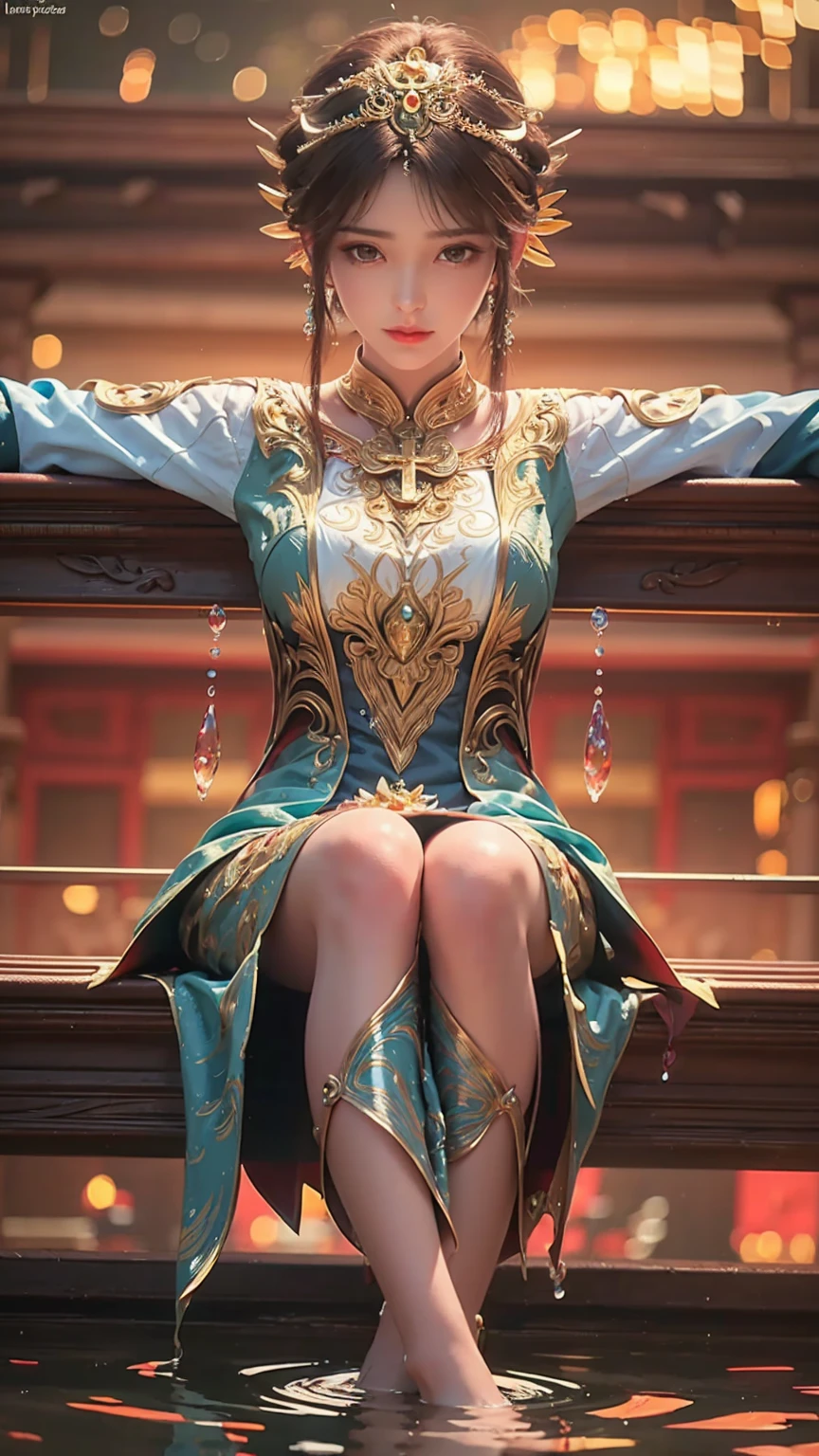 intricate detailed portrait of a girl in a blue dress, levitating cross-legged above rippling water, water droplets shimmering on her skin, serene expression, dramatic lighting, photorealistic, cinematic, highly detailed, masterpiece