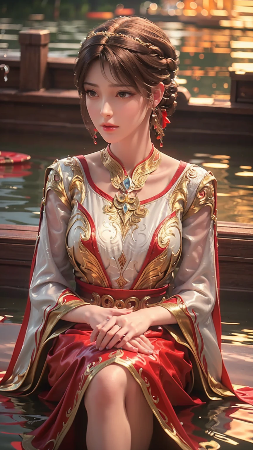 a beautiful girl in a red and white dress, sitting cross-legged on the surface of the water, water ripples and waves around her, water droplets glistening on her skin, photorealistic, highly detailed, 8k, masterpiece, cinematic lighting, warm color tones, serene, tranquil, elegant, graceful