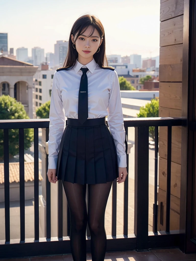 1girl in a sailor uniform with a dark green tie, pleated skirt, and black leather shoes, pale skin with extremely delicate facial features and beautiful eyes, long eyelashes, flawless fair skin, perfect body, black hair, leaning forward in a full-body shot, standing on a villa balcony with backlight, white pantyhose visible through the skirt, a big smile showing white teeth,(best quality,4k,8k,highres,masterpiece:1.2),ultra-detailed,(realistic,photorealistic,photo-realistic:1.37),HDR,UHD,studio lighting,ultra-fine painting,sharp focus,physically-based rendering,extreme detail description,professional,vivid colors,bokeh,portraits