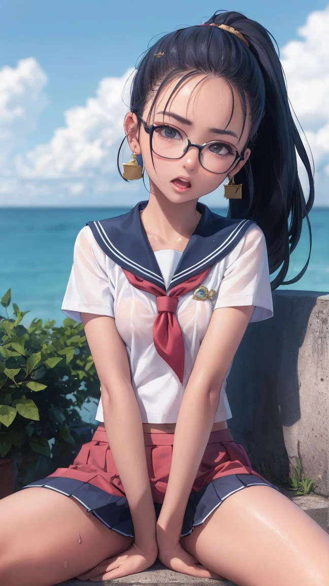 masterpiece, Highest quality, Earrings, , Sailor suit, skirt, Black Hair, Small breasts, , Upper Body, hot, sweating, Sitting, ponytail, looking at the camera, Ocean, Look forward, Spread your legs, anger, Show your crotch, Wear glasses