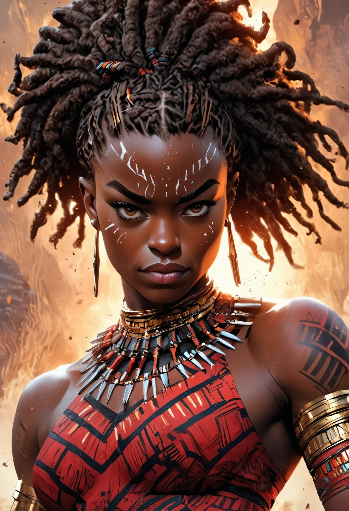 Danai Gurira como Okoye de la película Black Panther Wakanda Forever, Ilustración cinematográfica muy detallada, contorno negro, ilustración a todo color, brillantes colores, [fondo blanco, al estilo de Boris Vallejo & julia campana, obra maestra, 8K, ultra detallado, renderizado basado en física, brillantes colores, iluminación dramática, fondo intrincado, Fotorrealista