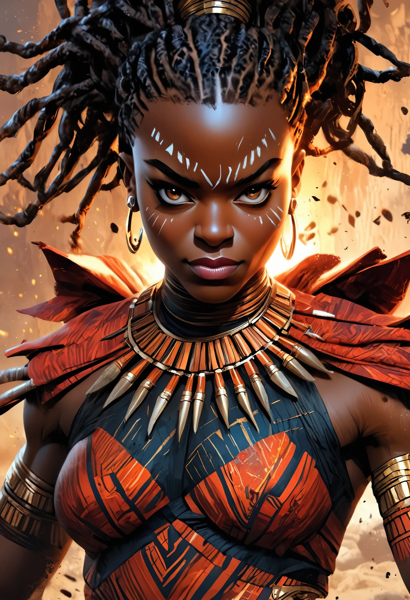 Danai Gurira en tant qu'Okoye dans le film Black Panther : Wakanda Forever, illustration cinématographique hautement détaillée, contour noir, illustration couleur complète, Couleurs vives, fond blanc, dans le style de Boris Vallejo & Julie Bell, chef-d&#39;œuvre, 8k, ultra-détaillé, rendu physiquement réaliste, Couleurs vives, Éclairage dramatique, fond complexe, Photoréaliste