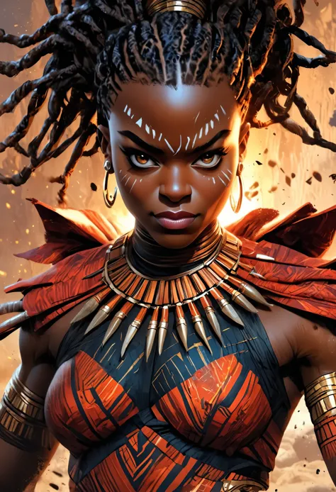 Danai Gurira as Okoye from the movie Black Panther Wakanda Forever, highly detailed cinematic illustration, black outlining, ful...