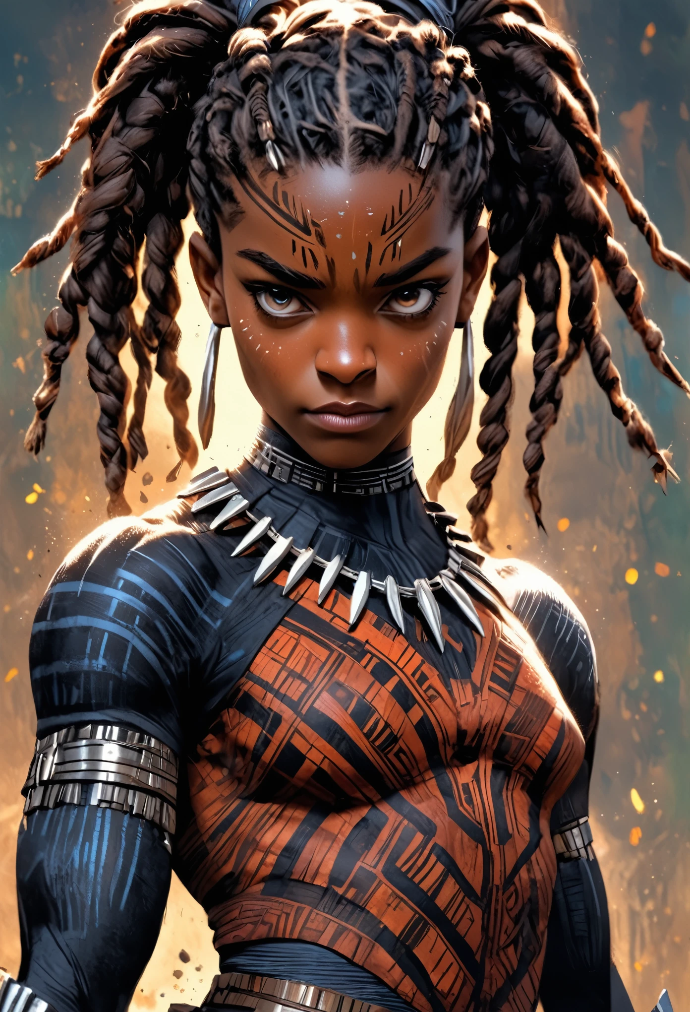 Letitia Wright as Shuri from the movie Black Panther Wakanda Forever, full body shot, highly detailed cinematic illustration, black outlining, full color illustration, vivid colors, white background, in the style of Boris Vallejo & Julie Bell, masterpiece, 8k, ultra-detailed, physically-based rendering, vivid colors, dramatic lighting, intricate background, photorealistic