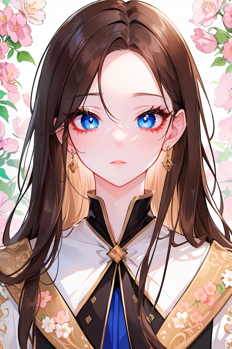 1 cool and sexy queen，Brown long hair，side of head，Head to the left，(Girly Style), Floral Background, romantic manga, Comic Landscape, (Instinct Alignment),, Fascinating proportions, Brown curry hair, (beautiful eyes), (Detailed student), Perfect face, Focus on the face, (Shoulder Straps), 
,Glowing skin, mascara, Long eyelashes, Perfect eyes, (Focus on the face),