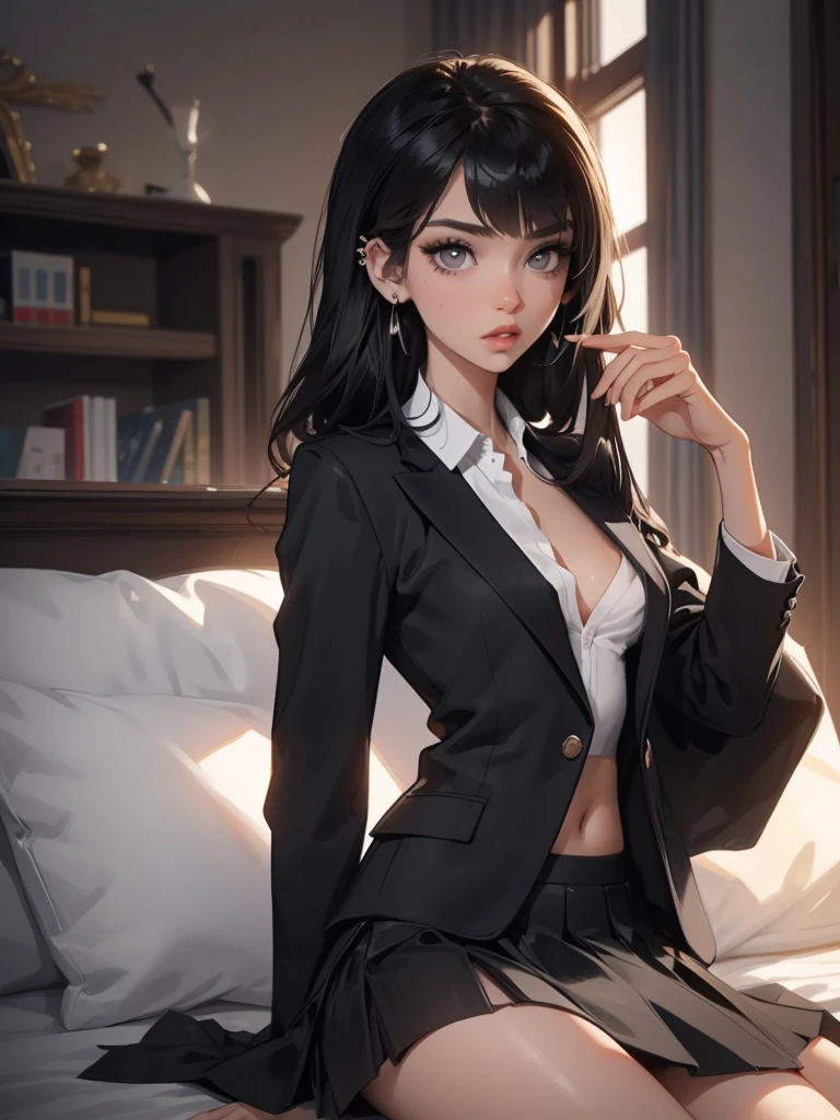 (best quality: 1.2), clean face, (masterpiece: 1.2, 8k) perfect anatomy, 1 girl) a beautiful fashion model ,(masterpiece, official art, best quality shiny hair, straight black hair with streaks in hair, full lips, small breasts, blazer school uniform, short skirt, thong straps, (dark makeup, piercings), shiny breasts,shiny skin, looking at viewer, long abdomen, horizontal, lounging, a single girl, (((side swept bangs))), gray eyes, (slender, skinny, slight frame, small breasts)