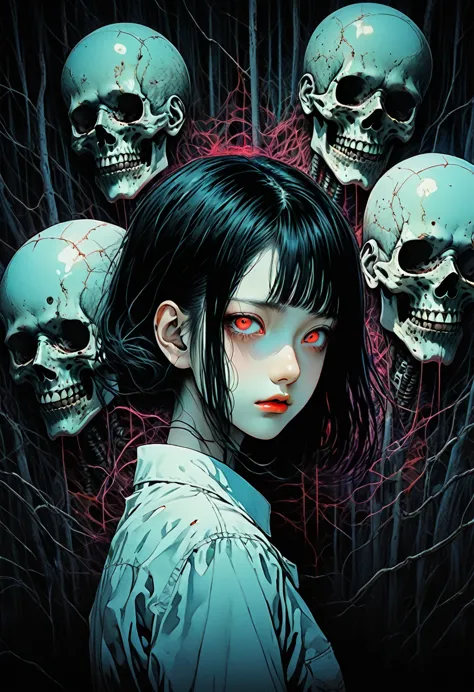 surreal horror, anime style, directed by junji ito, high contrast, vivid colors, eerie atmosphere, psychological tension, intric...