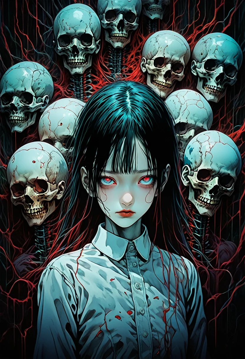 surreal horror, anime style, directed by Junji Ito, high contrast, vivid colors, eerie atmosphere, psychological tension, intricate line work, decapitated heads