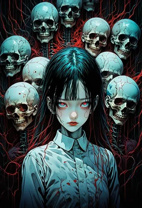 surreal horror, anime style, directed by junji ito, high contrast, vivid colors, eerie atmosphere, psychological tension, intric...