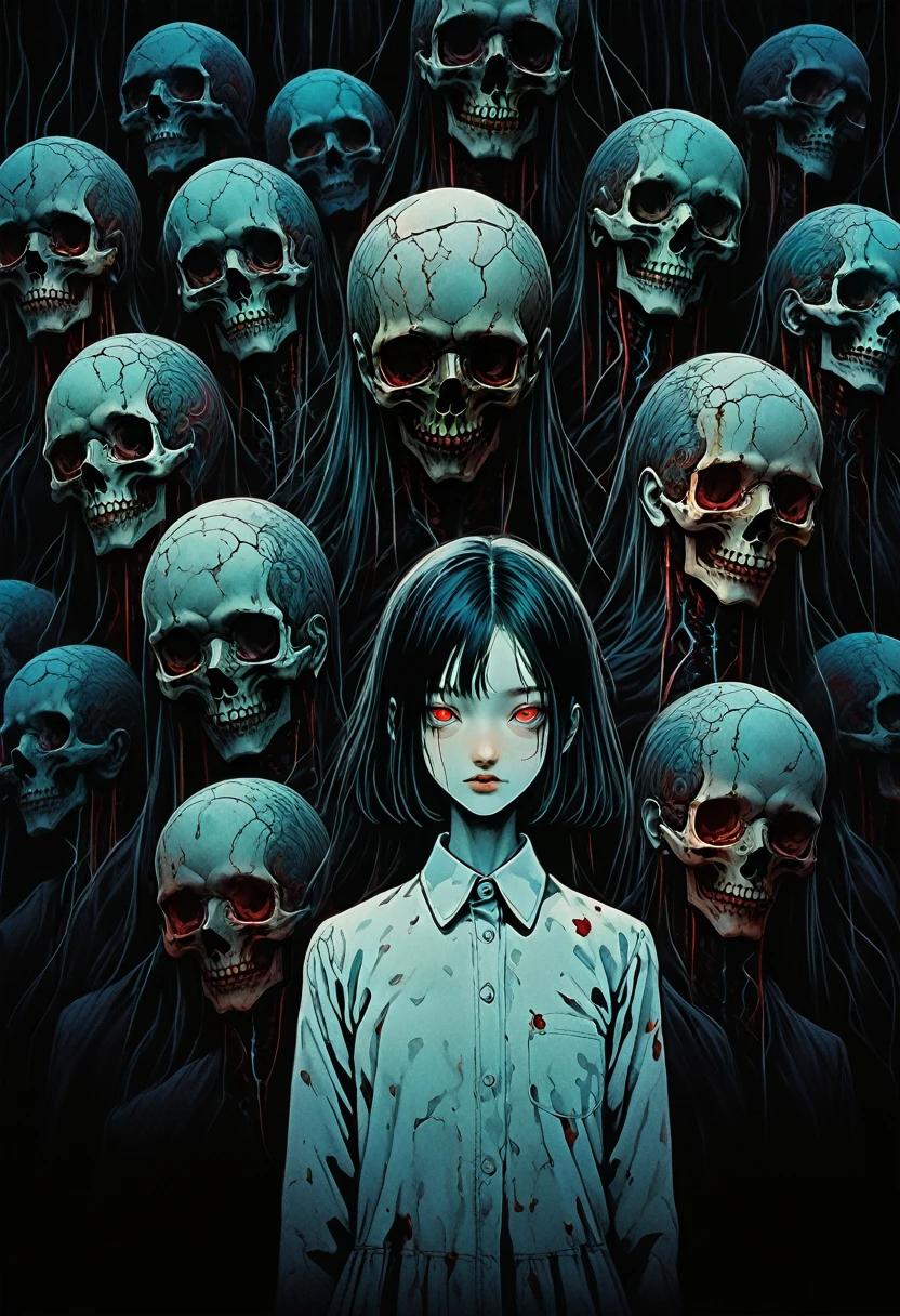 surreal horror, anime style, directed by Junji Ito, high contrast, vivid colors, eerie atmosphere, psychological tension, intricate line work, decapitated heads